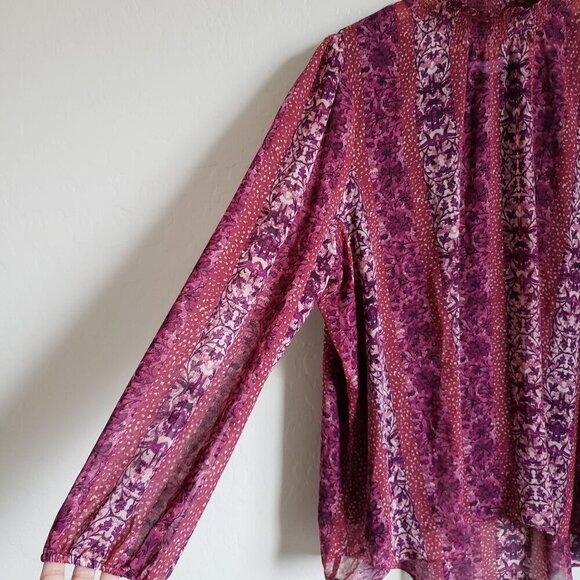 Susan Graver Chiffon Smocked Mock Neck Blouse Built in Tank Boho Berry Size 2X - Picture 5 of 12